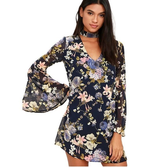 Lulus Womens Feeling Of Love Navy Blue Floral‎ Print Mini Shift Dress Size Small - Picture 1 of 7